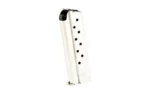 Kimber 38Super magazine, silver finish, angled side view with witness holes and black follower