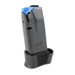 Kimber CDS9 magazine, black, angled front view with blue follower and textured base pad