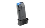 Kimber CDS9 magazine, black, angled front view with blue follower and textured base pad