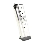 Kimber magazine, silver angled side view with extended black baseplate and witness holes