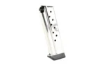 Kimber magazine, silver angled side view with extended black baseplate and witness holes