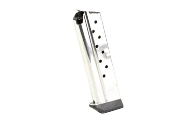 Kimber magazine, silver angled side view with extended black baseplate and witness holes