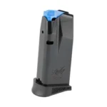 Kimber CDS9 black magazine, angled side view with blue follower and extended base