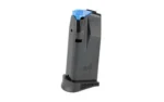 Kimber CDS9 black magazine, angled side view with blue follower and extended base