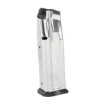 Kimber 2K11 silver handgun magazine, angled front view with black baseplate
