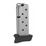 Kimber Micro 9MM magazine, silver side view with witness holes and black grip extension