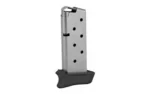 Kimber Micro 9MM magazine, silver side view with witness holes and black grip extension