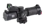 EOTECH Vudu black scope, angled side view with adjustment turrets, mount and top-mounted sight
