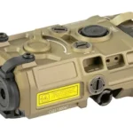 EOTech On-Gun-Laser tan laser unit, front three-quarter view with lenses and control knobs
