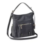 Bulldog Hobo Anna Purse black, front view with shoulder strap, handles and zippered pockets