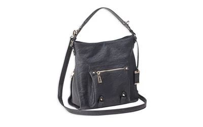 primary-9894 Bulldog Hobo Anna Purse black, front view with shoulder strap, handles and zippered pockets