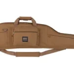Bulldog Tact Long Range RFL tan rifle case, side view with carry handles and zippered pockets