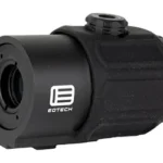 EOTECH G43 3X MAGNIFIER NM BLK black, angled front view with adjustment knob and rubber housing