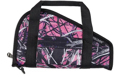 primary-9916 Bulldog Muddy Girl Camo Pistol Case, pink camouflage side view with black handles and zipper