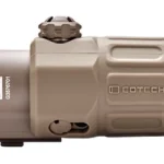 EOTECH G33 tan magnifier, left-side view with adjustment knob and EOTECH branding
