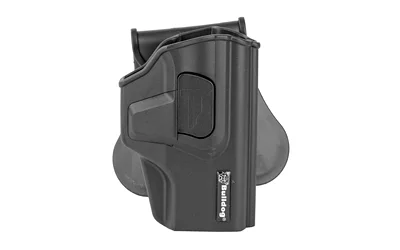 primary-9985 Bulldog Rapid Release black right-hand holster, front view with paddle and release button