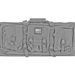 Bulldog Tactical Double Rifle gray case, front view with handles, pockets, straps and zippers