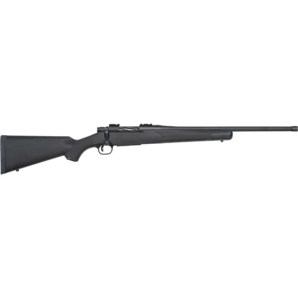 Mossberg Patriot Rifle, full side view in black with bolt action, stock and long barrel