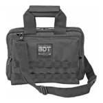 BULLDOG DLX 2 PISTOL RANGE BAG BLK, black front view with handles, shoulder strap and webbing