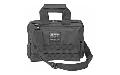 primary-9991 BULLDOG DLX 2 PISTOL RANGE BAG BLK, black front view with handles, shoulder strap and webbing