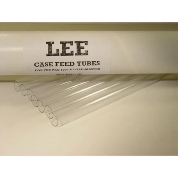 Lee 7 Pack Case Feeder Tubes, clear tubes beside labeled cardboard package