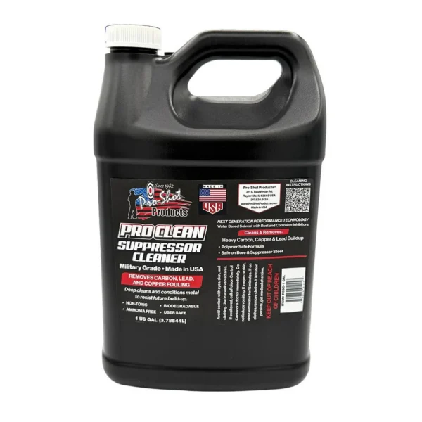 Pro-Shot Pro Clean Suppressor Cleaner, front view of black gallon jug with handle and white cap