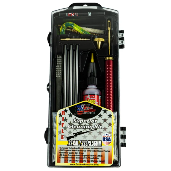 Pro-Shot Classic Box Kit, open black case with cleaning rods, brushes, patches and bottle