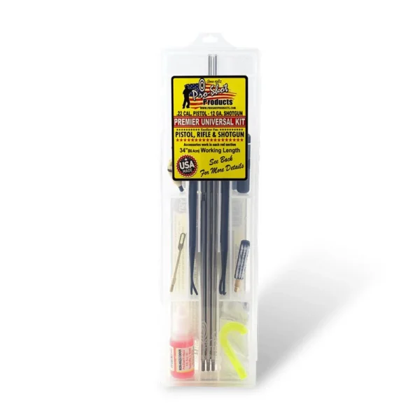 Pro-Shot Premier Universal Cleaning Kit in clear case with rods, brushes and yellow label, front view