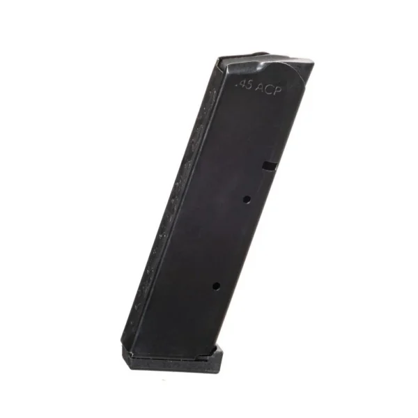 ProMag 1911 Gov't handgun magazine in black nitride steel, angled side view