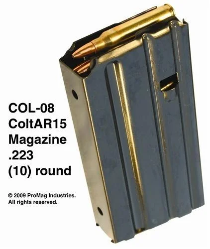ProMag AR-15 Magazine, angled view of blued steel magazine loaded with cartridges