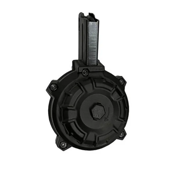 Promag AR-15 Rifle Magazine, black drum with vertical feed tower, front view