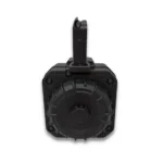ProMag AR-15 Drum magazine, front view in black with round drum body and straight feed tower
