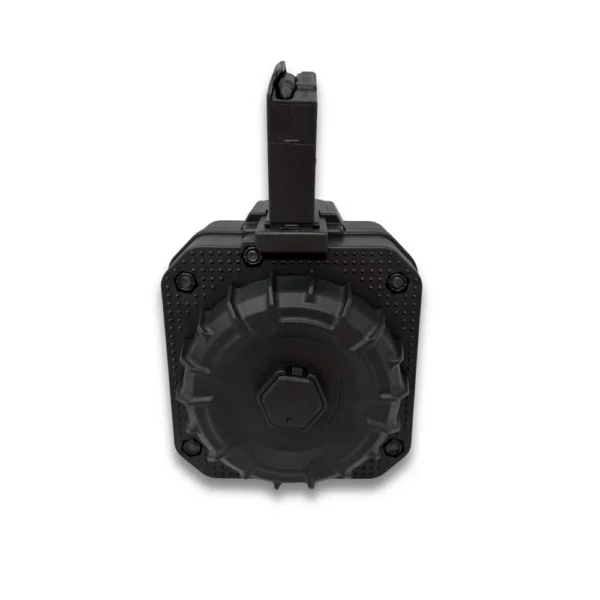 ProMag AR-15 Drum Rifle Magazine front view in black with round drum body and tall feed tower