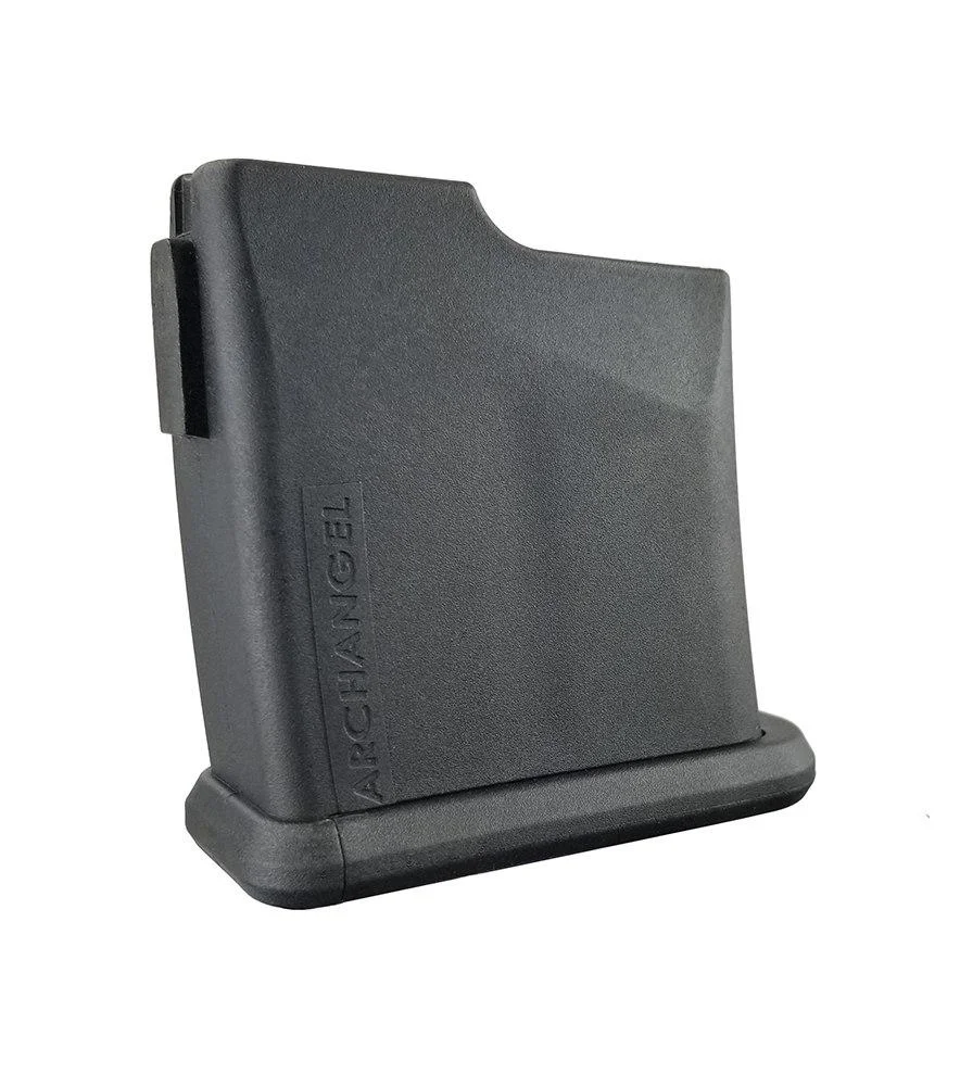 promag-archangel-308-short-action-magazine-7rd-5rd-limiter-primary ProMag Archangel black polymer magazine, angled side view with wide baseplate