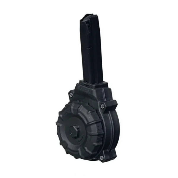 Promag Beretta 92F magazine, black polymer drum with vertical feed tower, angled view