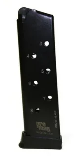 ProMag Colt Government blued steel magazine, side view with numbered witness holes