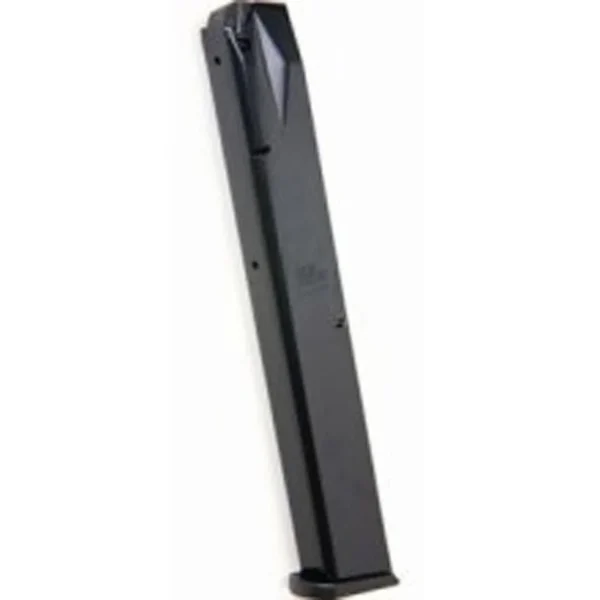 ProMag Daewoo DP51 Magazine, angled view of long blued steel body with black baseplate