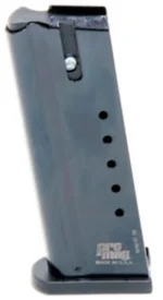 ProMag Desert Eagle magazine, angled view of blued steel body with witness holes and baseplate