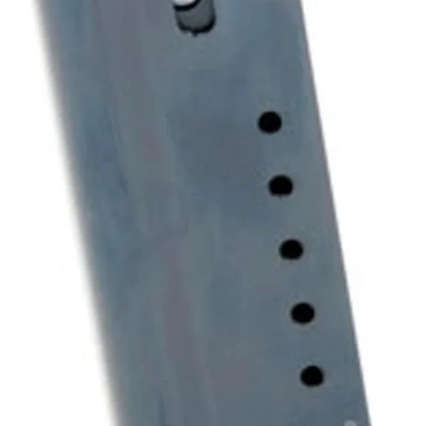 ProMag Desert Eagle magazine, angled view of blued steel body with witness holes and baseplate