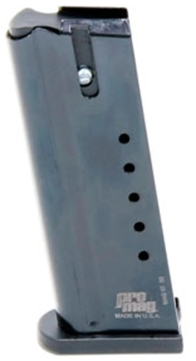 promag-desert-eagle-50ae-magazine-primary ProMag Desert Eagle magazine, angled view of blued steel body with witness holes and baseplate