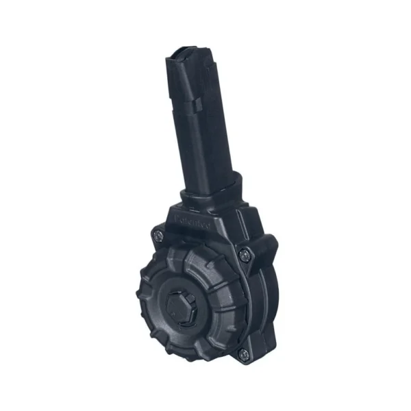 Promag Glock 48/43X drum magazine, black three-quarter view with round drum and tall feed tower
