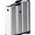 ProMag Ruger Mini-14 Magazine, nickel finish with black follower and base, angled side view
