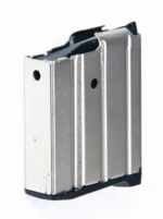ProMag Ruger Mini-14 Magazine, nickel finish with black follower and base, angled side view