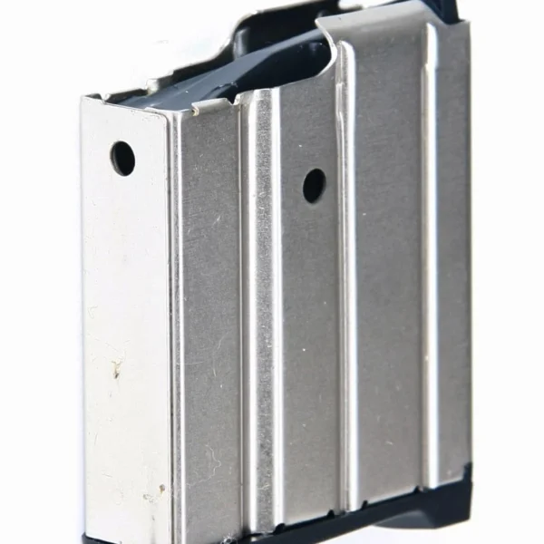 ProMag Ruger Mini-14 Magazine, nickel finish with black follower and base, angled side view