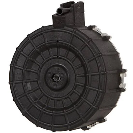 ProMag Saiga Shotgun Drum Magazine, black polymer front view with circular ribbing
