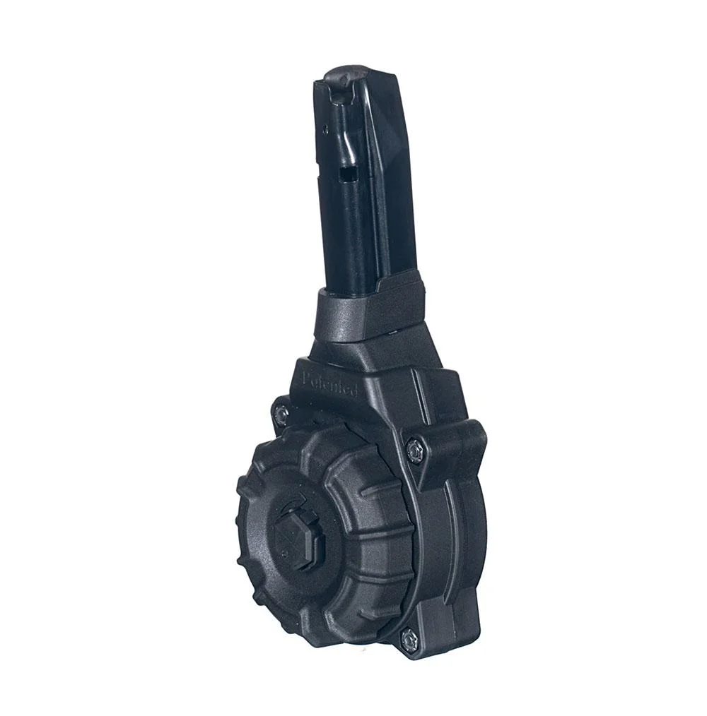 promag-sig-p365-9mm-65-round-drum-magazine-primary PROMAG SIG P365 / P365XL drum, black polymer angled side view with tall feed tower