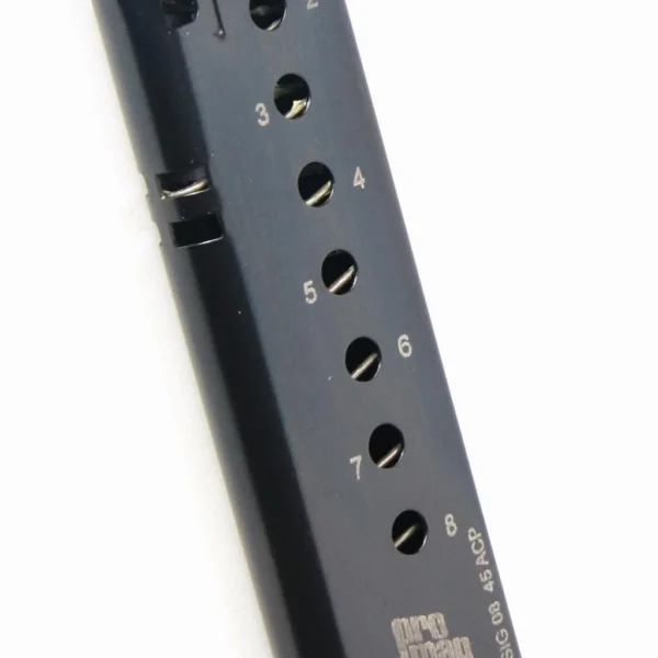 ProMag Sig Sauer P220 black steel magazine, angled side view with witness holes and base plate