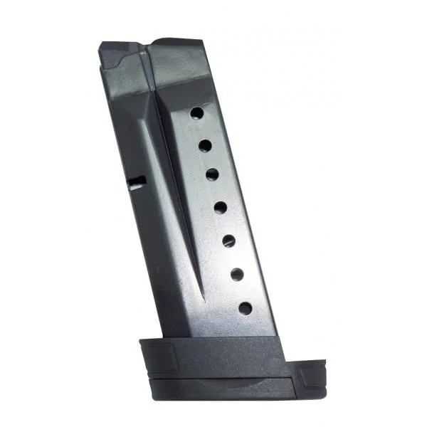 ProMag S&W M&P Shield Magazine, blued steel angled side view with witness holes and black base