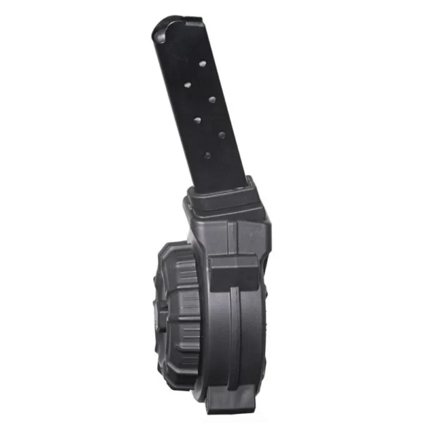 Promag Smith & Wesson Shield black extended handgun magazine, angled side view with drum housing