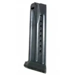 ProMag Springfield XDM Magazine, angled view of blued steel magazine with witness holes